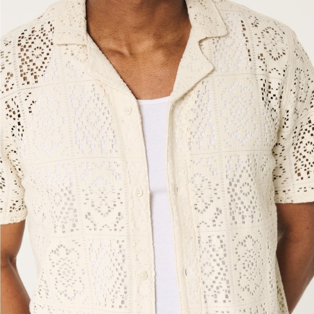 Hollister Ivory Lace Shirt Crochet Button Down Men’s M Coastal Amalfi Resortwear - Picture 8 of 10